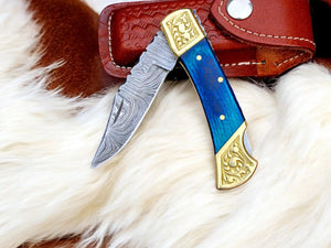 Exotic Blue Wood Damascus Pocket Knife | Back Lock by Damascus Knife Store, Damascus knife detail photo 2