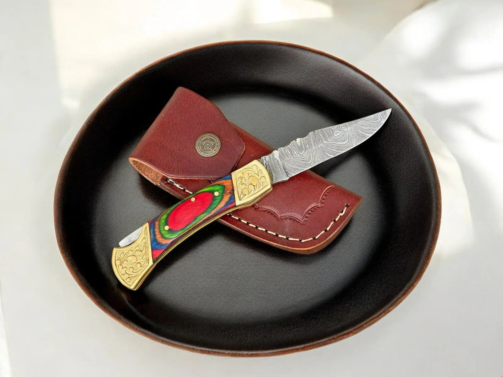 Exotic Wood Damascus Folding Knife – 3" Blade by Damascus Knife Store, Damascus knife main product photo