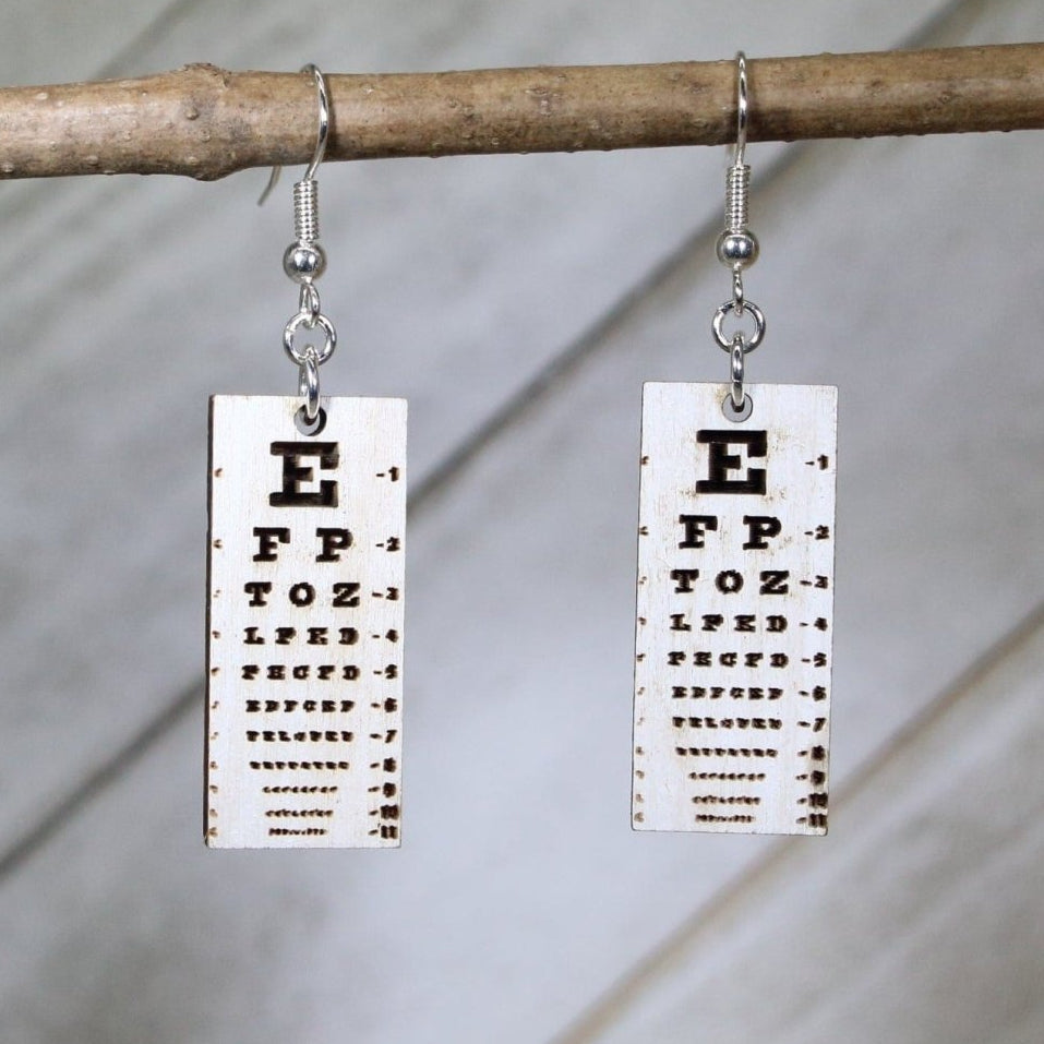 Eye Chart Wooden Earrings | Optometrist Vision Test Jewelry detail view by Cate's Concepts, LLC