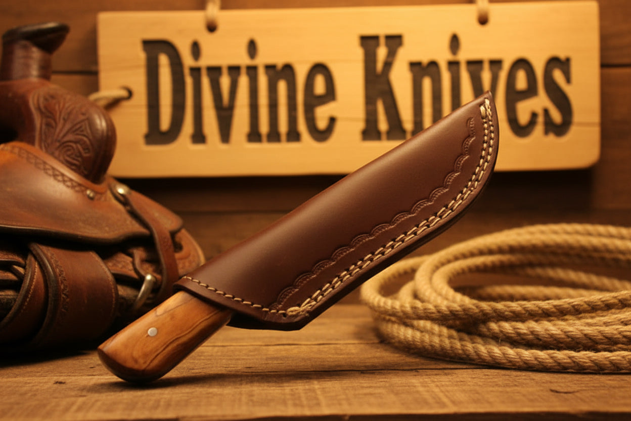 Natural Olive Wood Damascus Knife with Included Leather Sheath detail view by Divine Knives