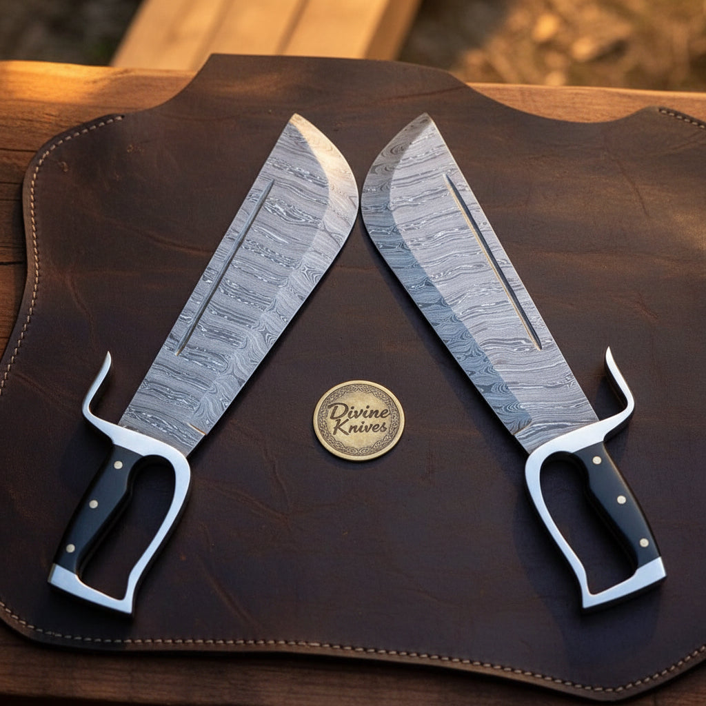 Wing Chun Butterfly Swords with Wood Grain Damascus Blades detail view by Divine Knives