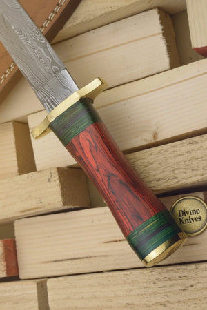 Minimalist Dark Wood Damascus Knife with a Single Green Ring Detail detail view by Divine Knives