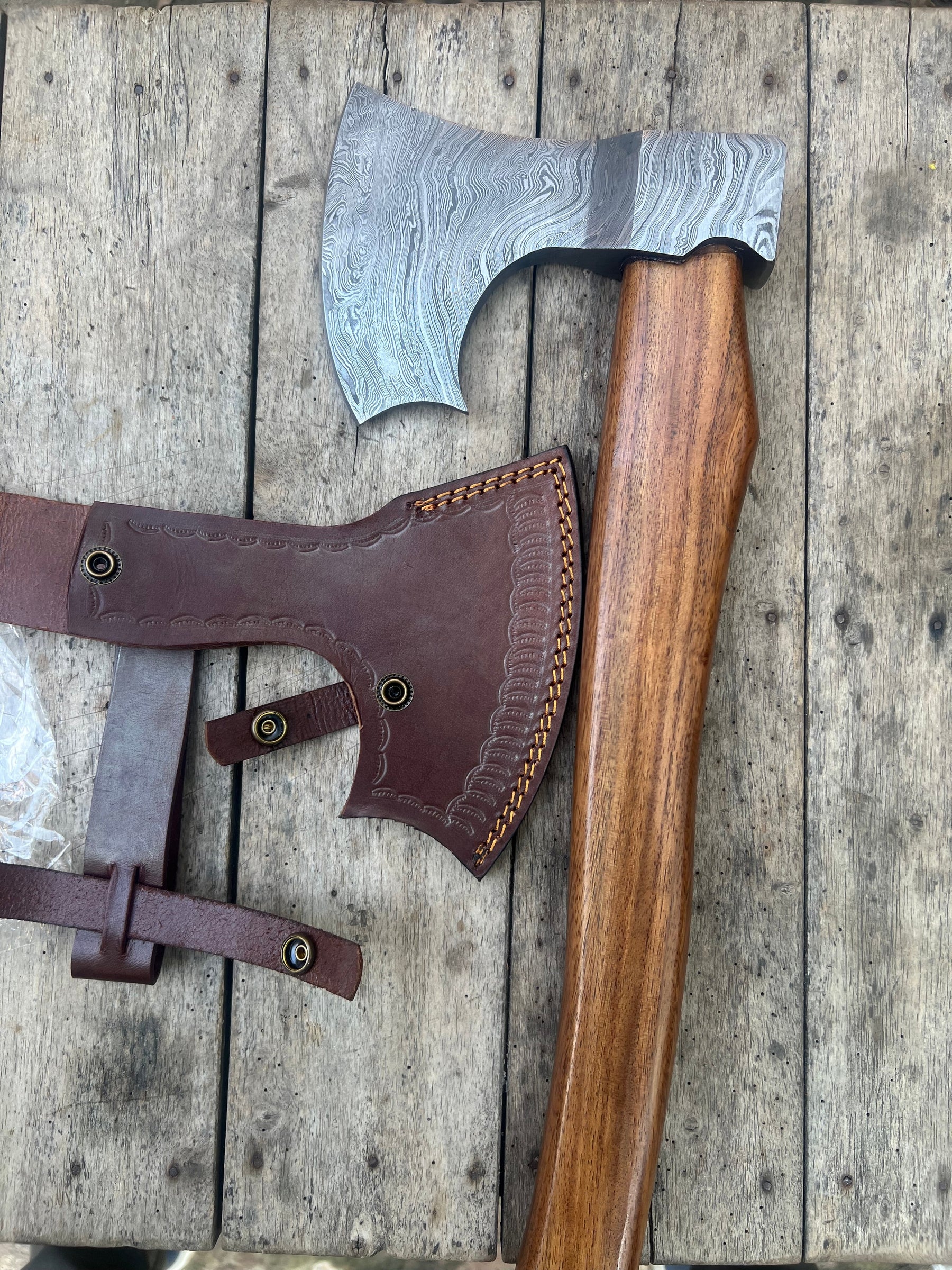 Damascus Viking Bearded Hatchet with Bare Wood Haft detail view by Divine Knives
