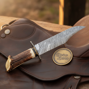 Crown Antler Bowie Knife with Hand Forged Layered Blade and Stitched Leather Sheath