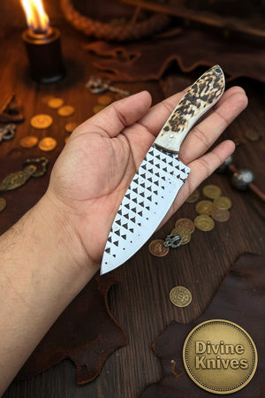 Stag Horn Rasp Skinner Knife with Included Tooled Sheath by Divine Knives