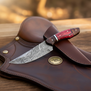 Red Pakkawood Damascus Drop Point Hunter by Divine Knives