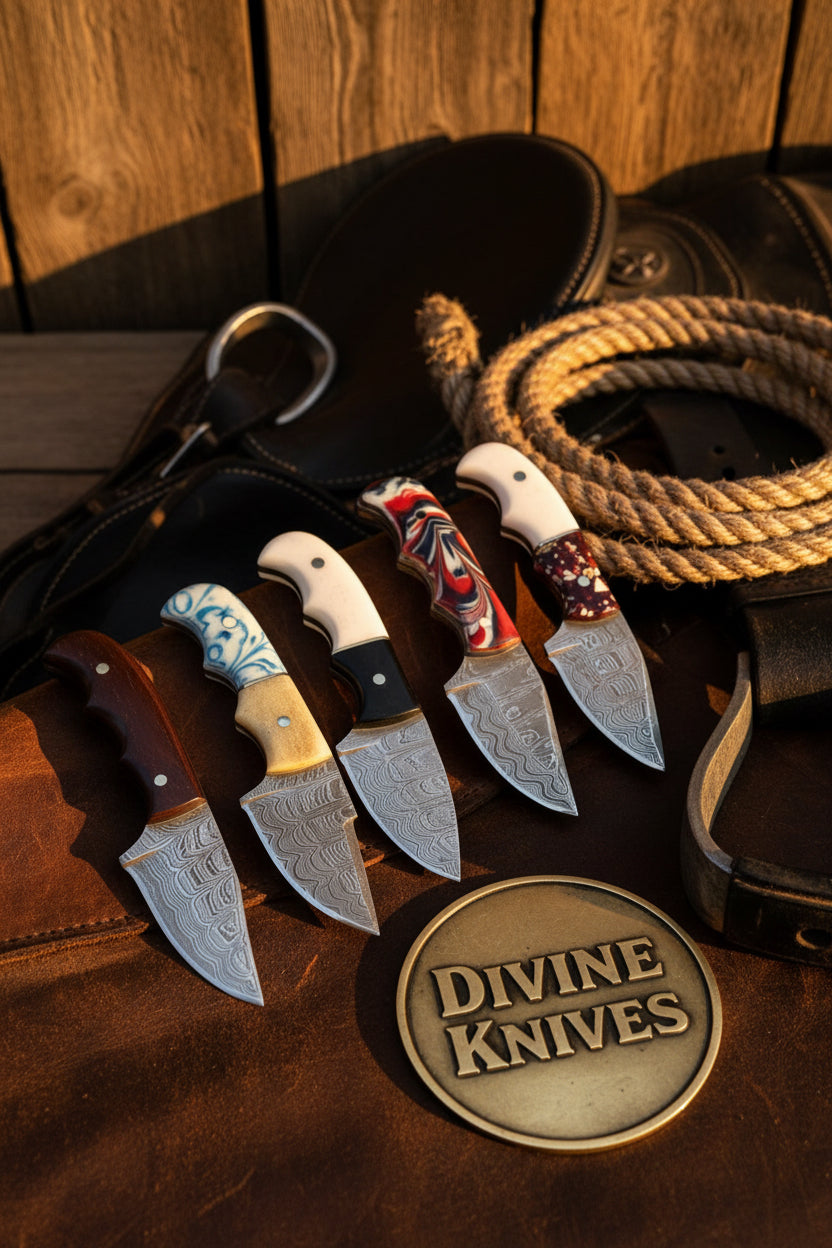 Assorted Handle Damascus Skinner Knife Set – 5 Pieces by Divine Knives