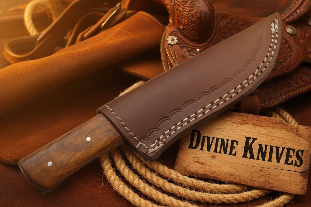 Two-Tone Blue Accent Damascus Knife with Warm Tan Wood Handle detail view by Divine Knives