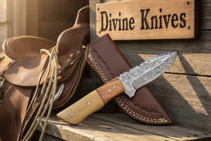 Bone and Wood Accent Damascus Knife Built for Field Dressing detail view by Divine Knives