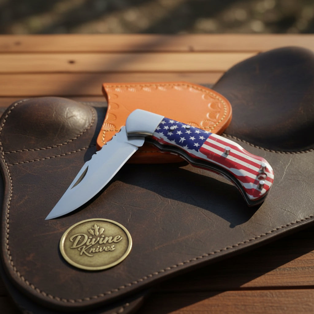 American Flag Lockback Pocket Knife with by Divine Knives