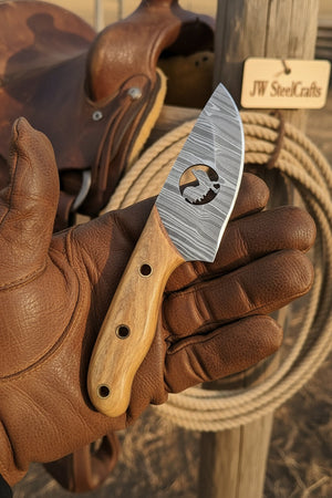 Olive Wood Bull Cutout Ranch Knife 5" Handmade Damascus Steel Olive Wood handle