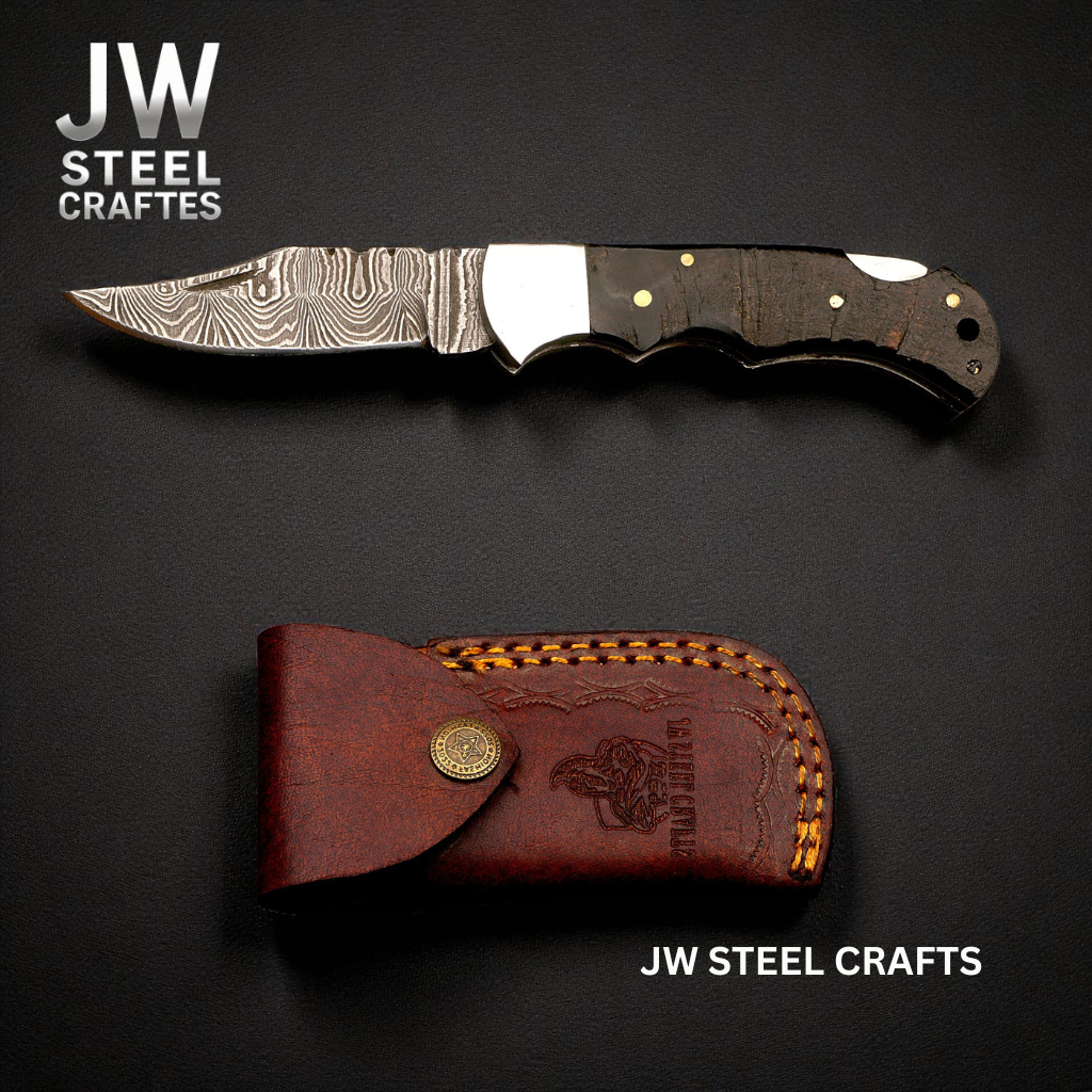 American Flag Damascus Folding Hunter with Ram Horn Handle detail view by JW SteelCrafts