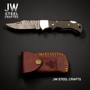 American Flag Damascus Folding Hunter with Ram Horn Handle detail view by JW SteelCrafts
