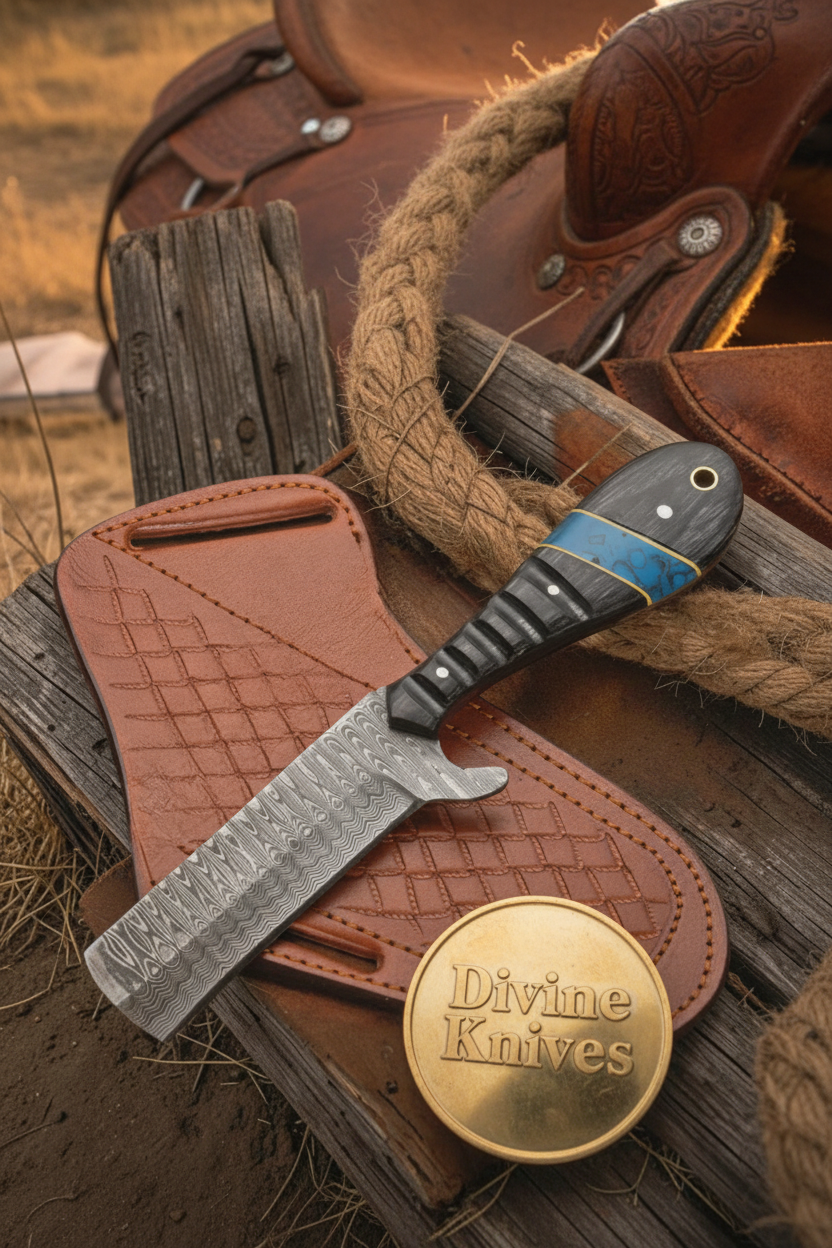 Micarta and Turquoise Bull Cutter with Scale Pattern Damascus Blade by Divine Knives