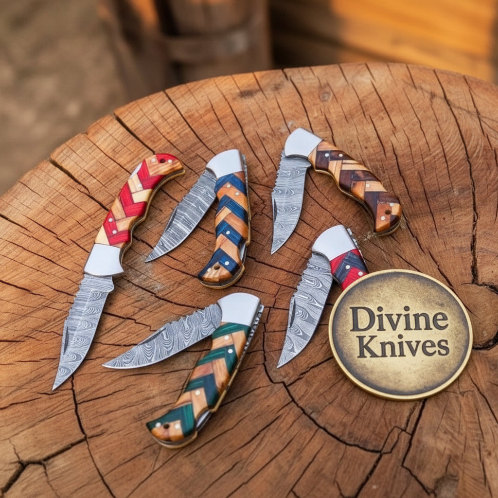 Damascus Chevron Wood Pocket Knife Set for Everyday Carry detail view by Divine Knives