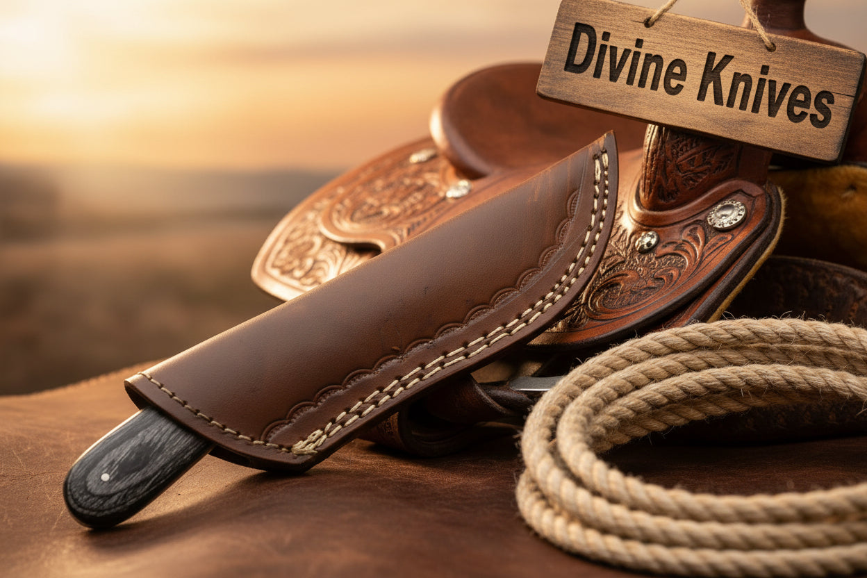 Copper Banded Two-Tone Wood Damascus Clip Point Hunting Knife detail view by Divine Knives