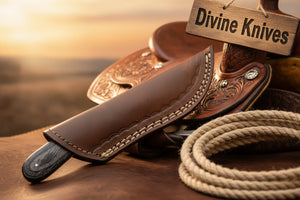 Copper Banded Two-Tone Wood Damascus Clip Point Hunting Knife detail view by Divine Knives