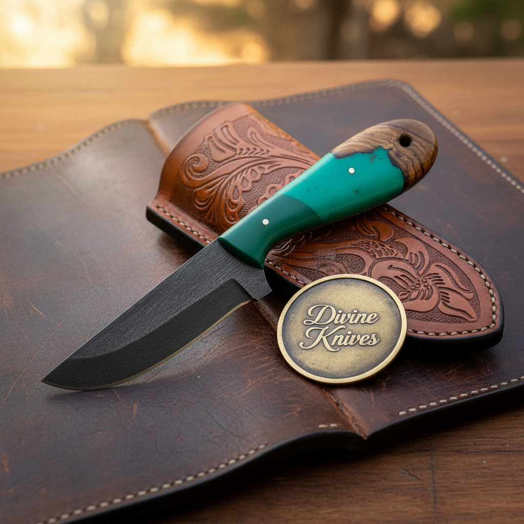 Green Turquoise Wood Drop Point Skinner by Divine Knives