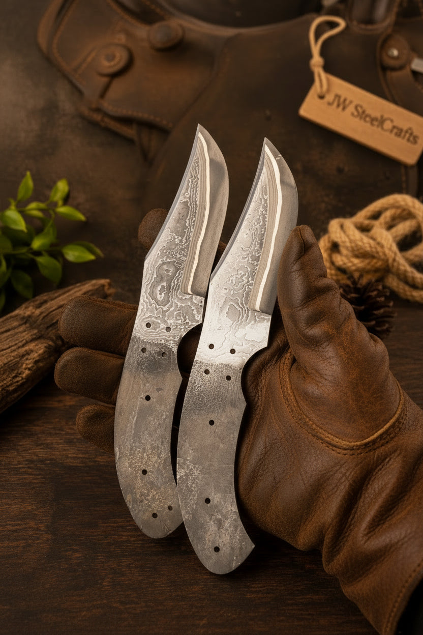 Wrangler’s Pair Damascus Knife Blanks by JW SteelCrafts, alternate view 2