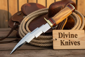 Olive Wood Damascus Knife Accented with Red and Brass Rings by Divine Knives
