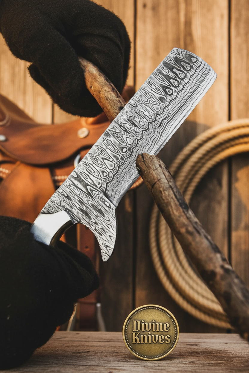 Micarta and Turquoise Bull Cutter with Scale Pattern Damascus Blade detail view by Divine Knives