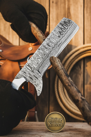 Micarta and Turquoise Bull Cutter with Scale Pattern Damascus Blade detail view by Divine Knives