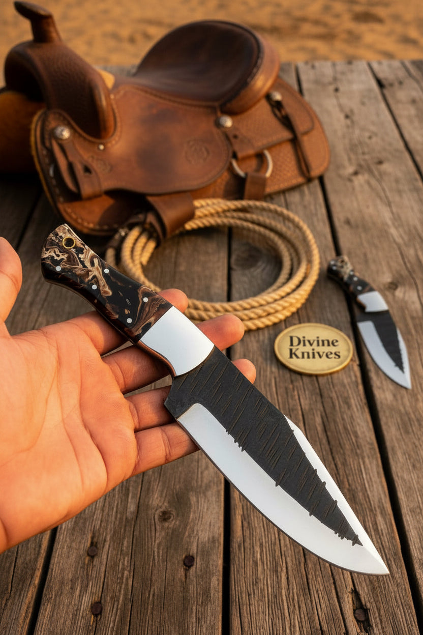 Black & Gold Resin Handle Damascus Bushcraft Knife with Saw-Back by Divine Knives