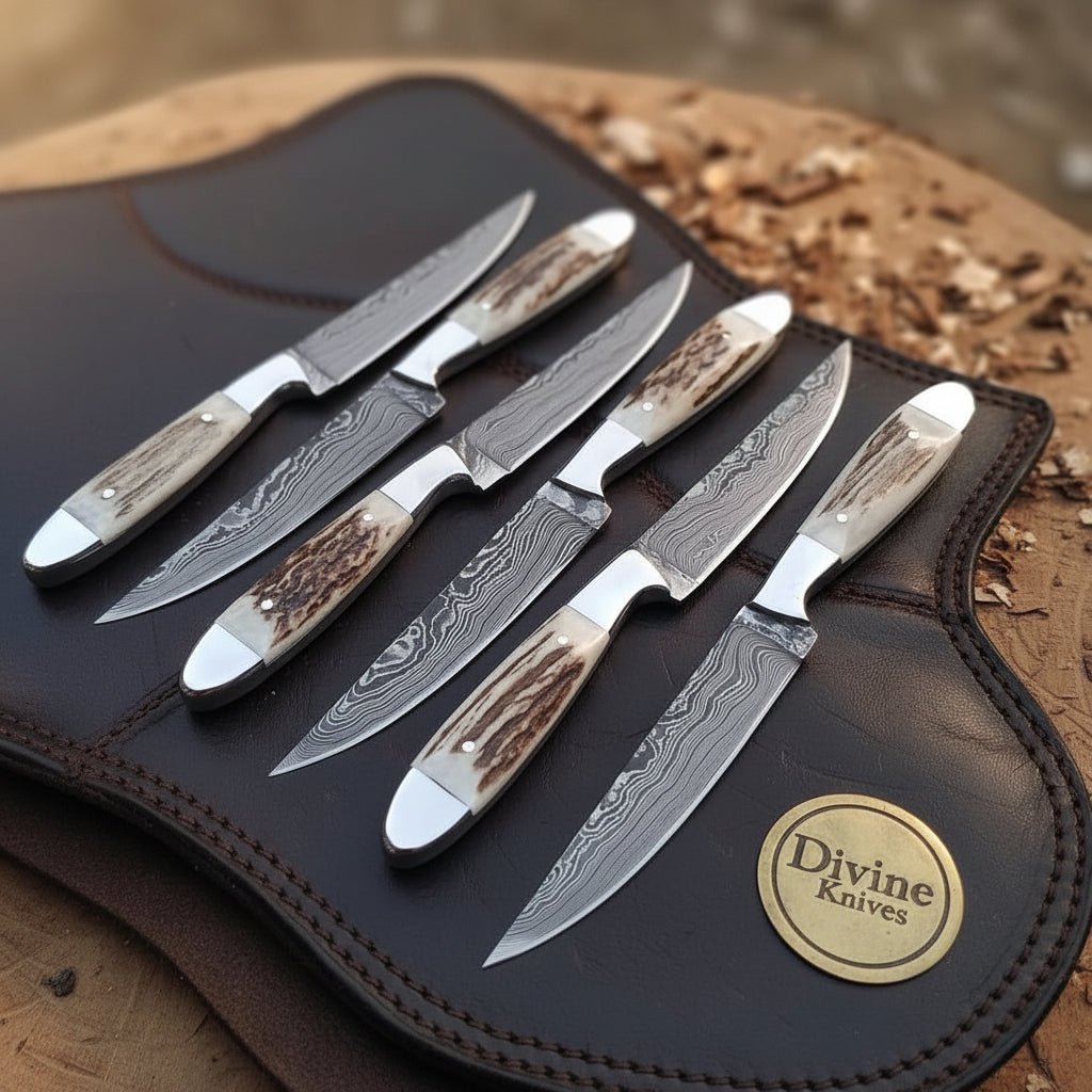 Denton Damascus Steak Knives with Antler Handles by Divine Knives