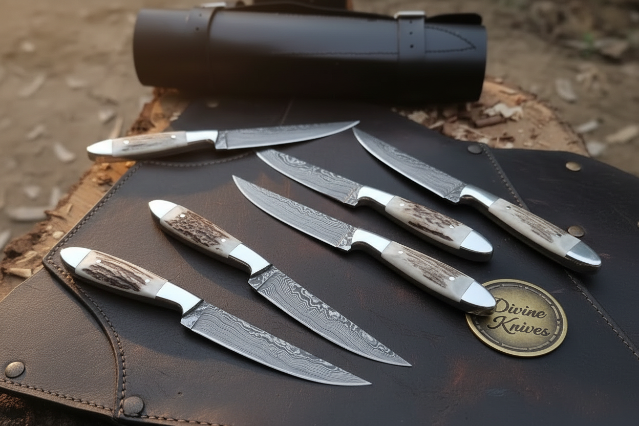 Denton Damascus Steak Knives with Antler Handles detail view by Divine Knives