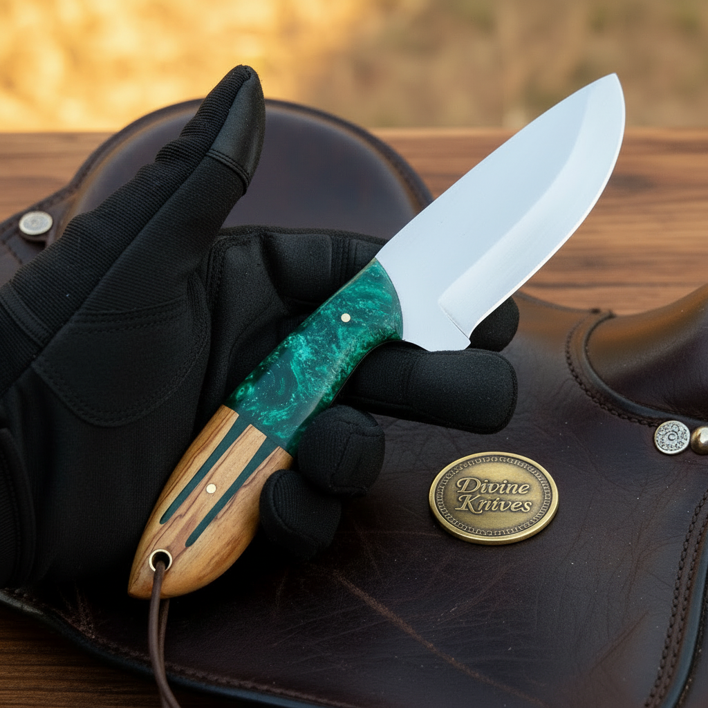 Satin Drop Point Hunter Knife with Green by Divine Knives
