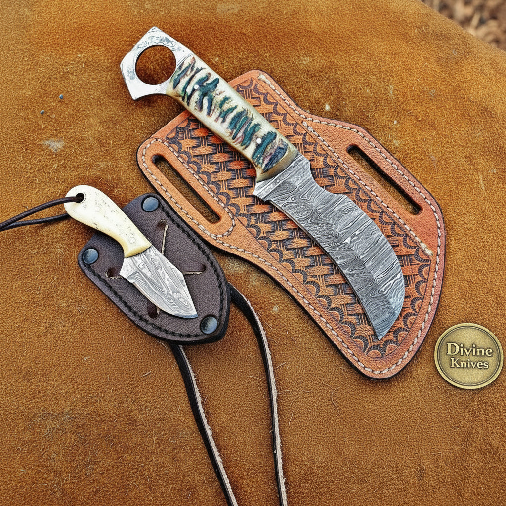 Damascus Ring-Hole Skinner Set by Divine Knives