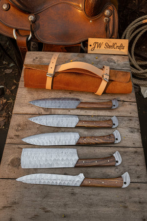 Hand Forged Damascus Chef Knife Set, Natural Wood Handle, Full Tang Kitchen Knife Collection detail view by JW SteelCrafts
