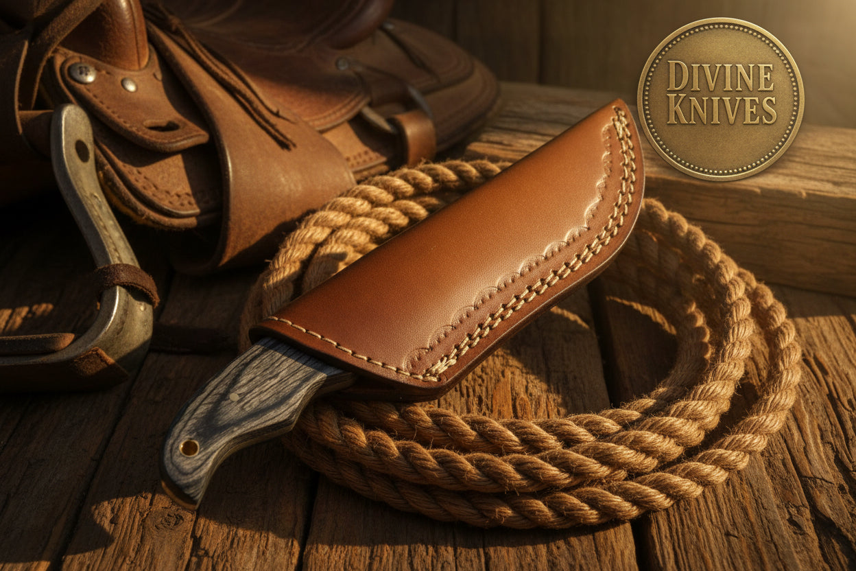 Yellow Accent Damascus Knife with Gray Wood Handle and Lanyard Hole detail view by Divine Knives
