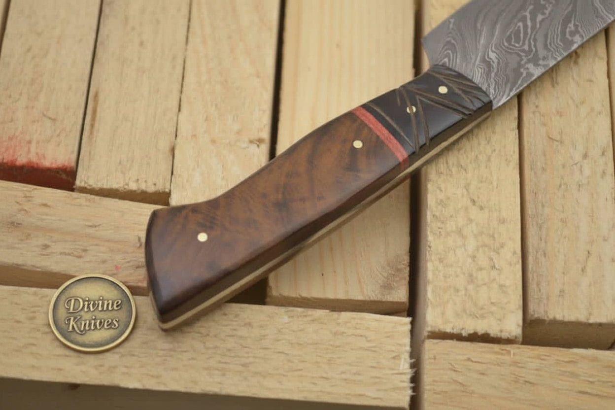 Brown Wood Damascus Knife Accented with a Bold Red Band detail view by Divine Knives