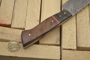 Brown Wood Damascus Knife Accented with a Bold Red Band detail view by Divine Knives
