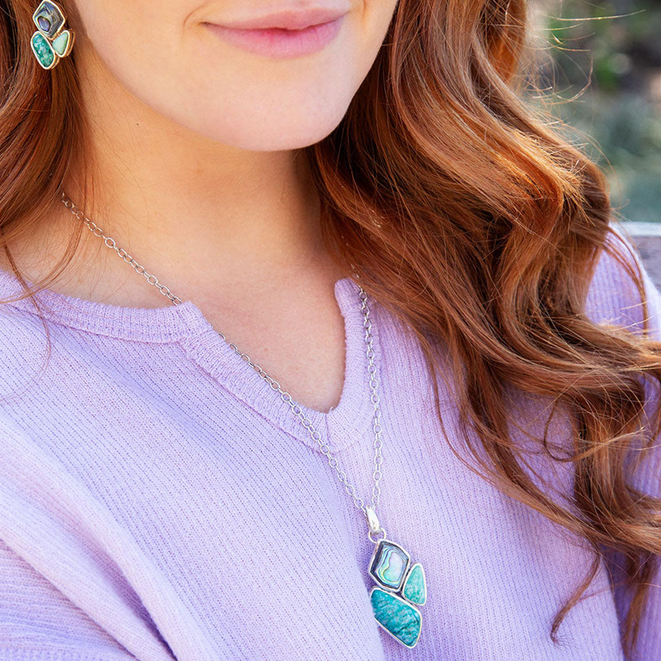 Blue Abalone Fire Sterling Silver Cluster Pendant Necklace detail view by Barse Jewelry