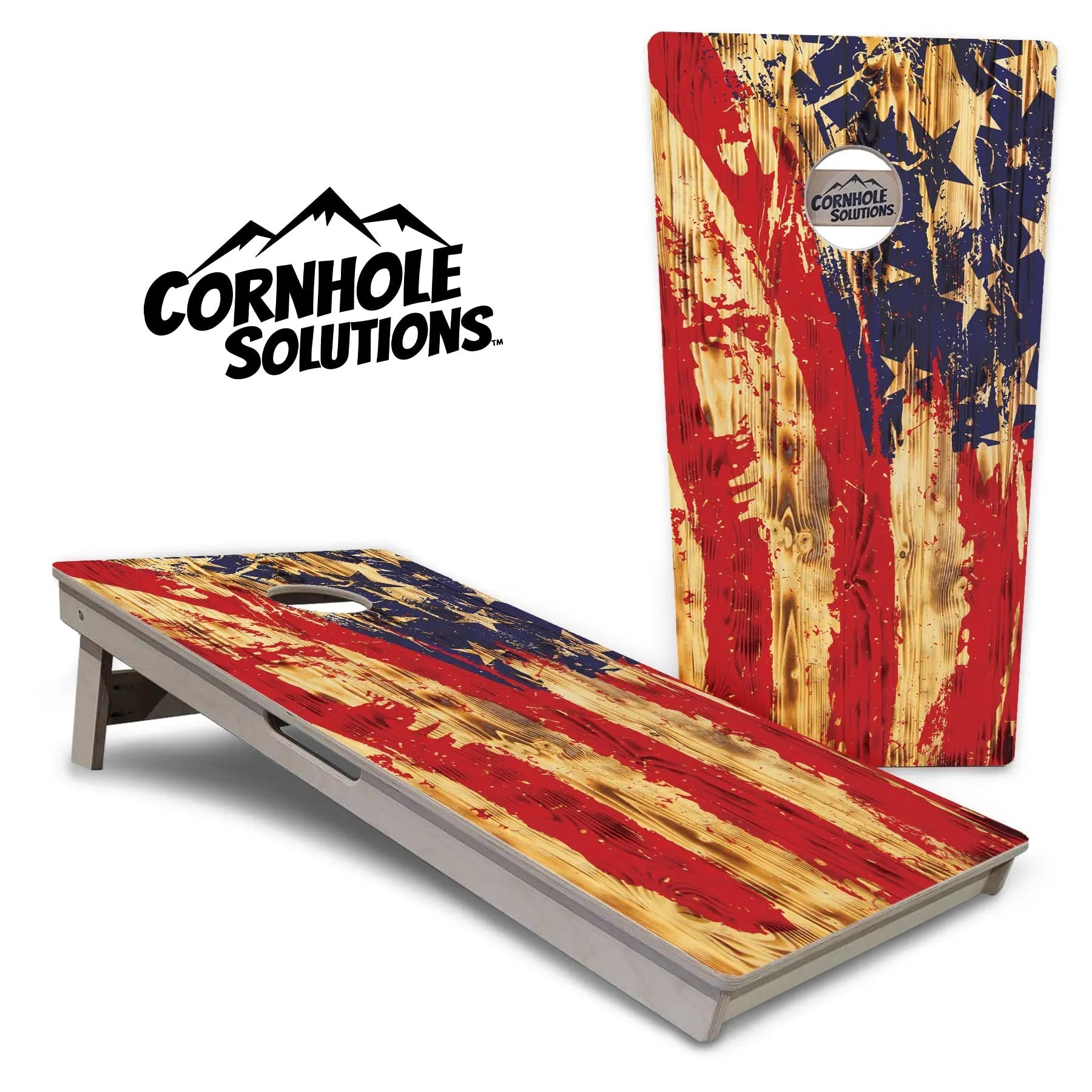 Faded Brush Burnt Flag Cornhole Boards - Professional Tournament Series by Cornhole Solutions, custom cornhole board main product photo