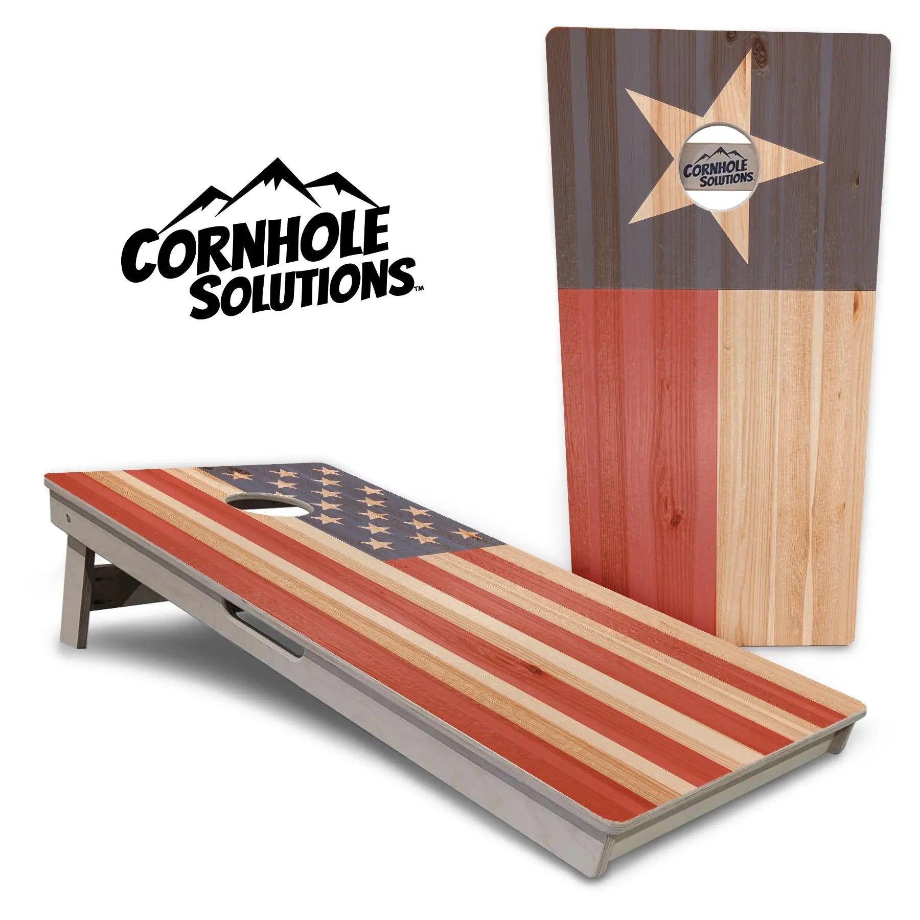 Faded USA/TX Flag Cornhole Boards - Professional Tournament Series by Cornhole Solutions, custom cornhole board main product photo