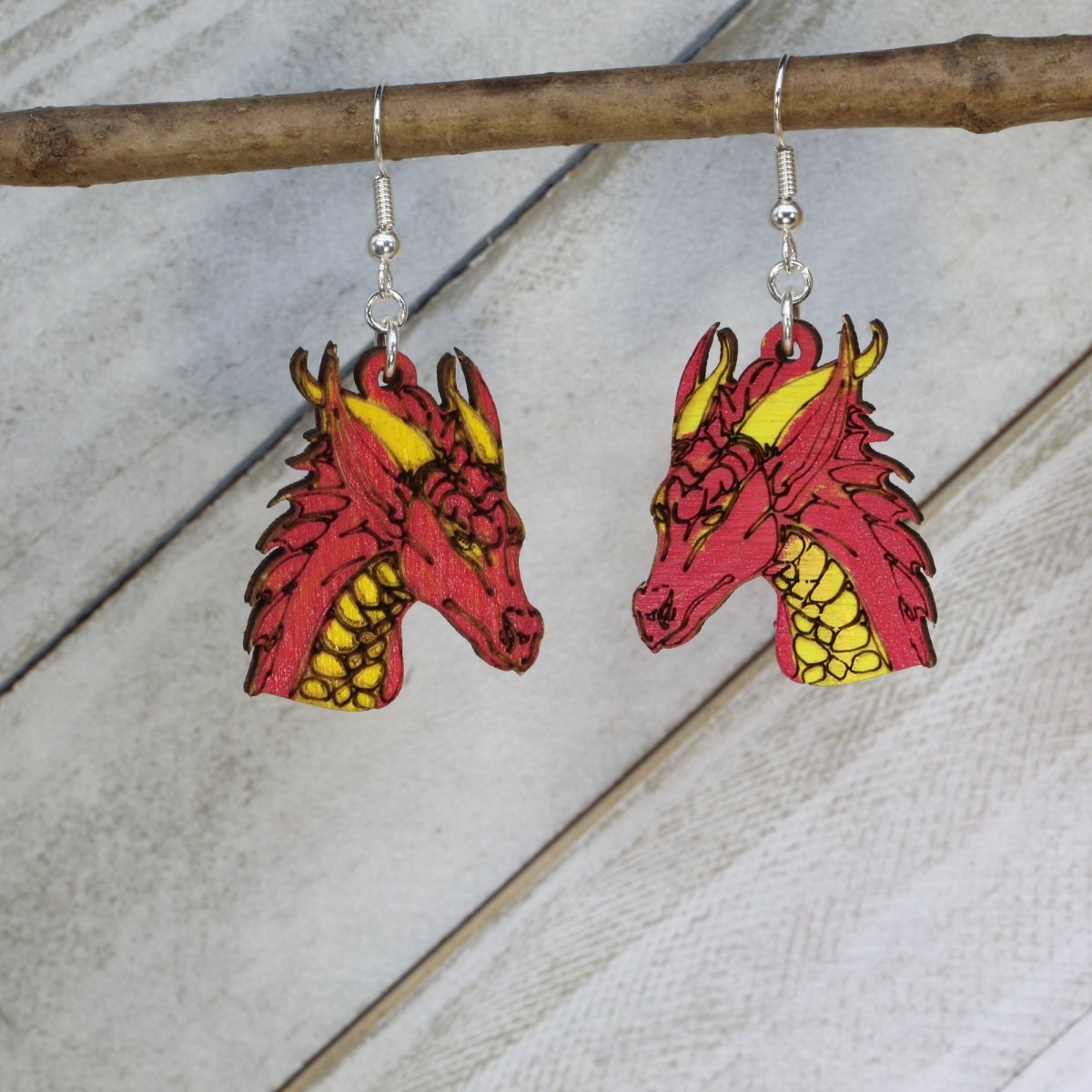 Fantasy Dragon Wooden Earrings | Mythical Creature Jewelry detail view by Cate's Concepts, LLC