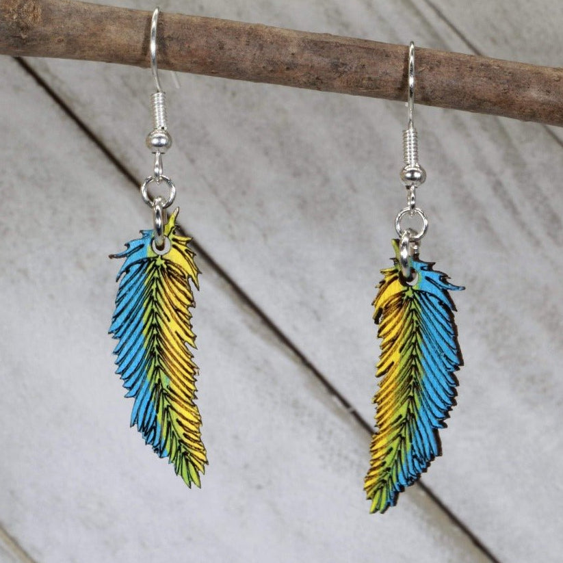 Feather Wooden Earrings | Blue Yellow Boho Jewelry by Cate's Concepts, LLC, handmade jewelry main product photo