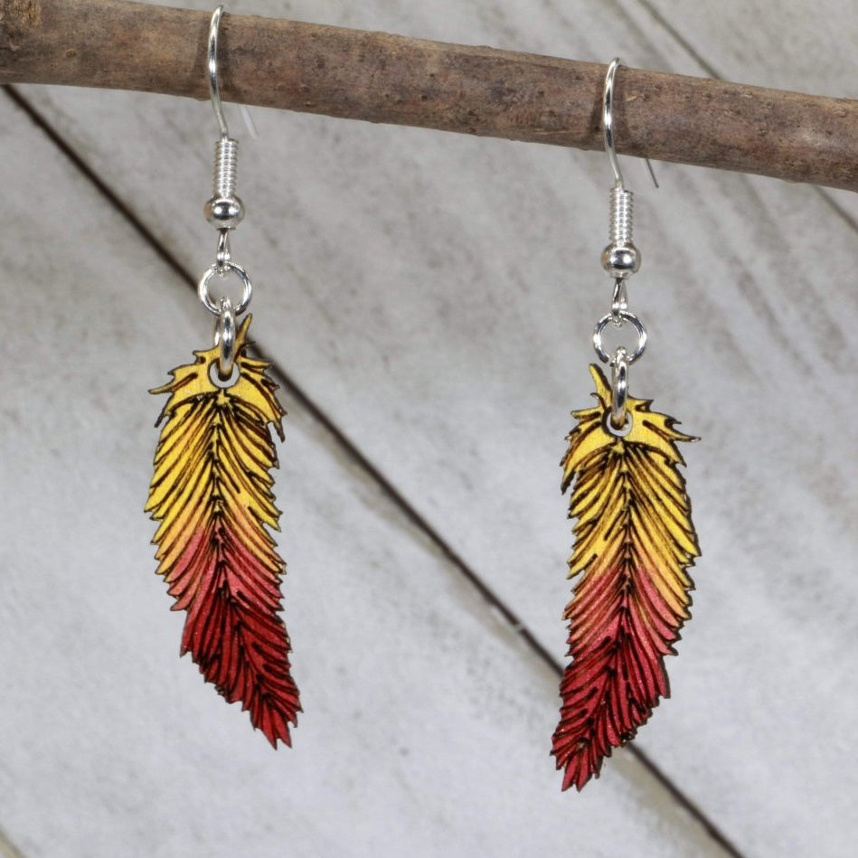 Feather Wooden Earrings | Red Yellow Boho Jewelry detail view by Cate's Concepts, LLC