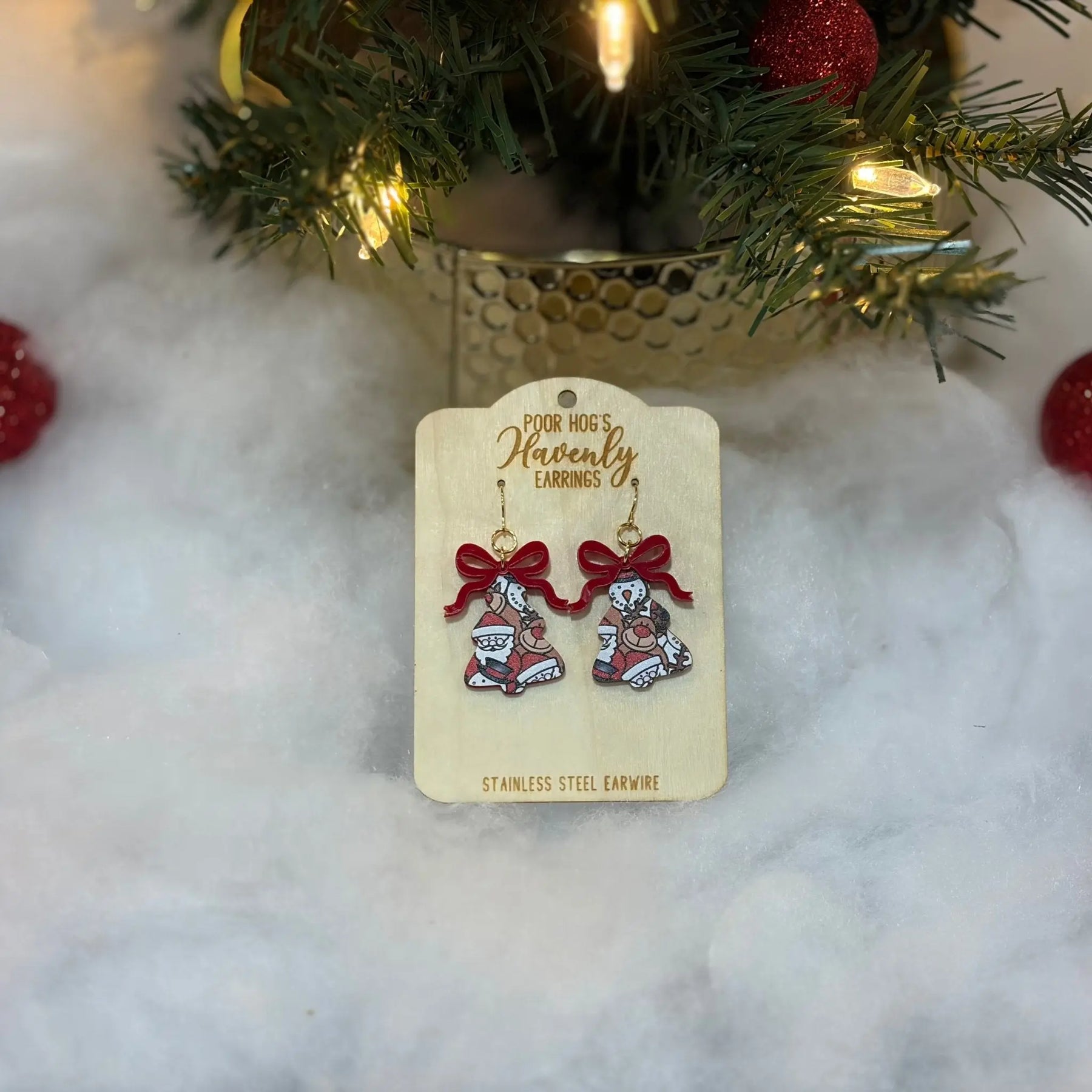 Festive Christmas Tree Earrings by Poor Hog Customs, handmade jewelry detail photo 5