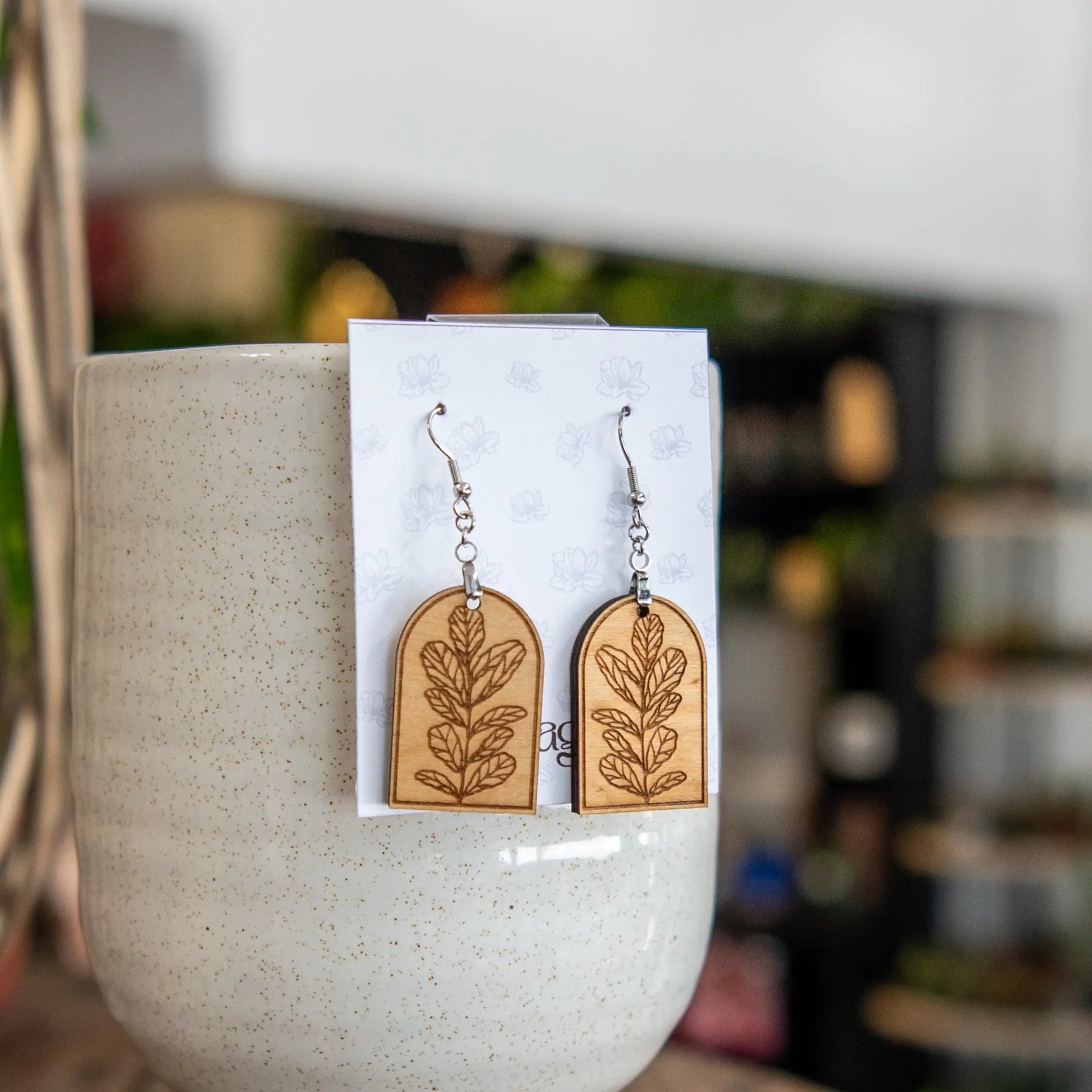 Fiddle Leaf Fig Arched Earrings by Still Magnolia, handmade jewelry detail photo 2