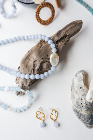 The Ophelia Blue Mother of Pearl Beaded Necklace detail view by London Crafted