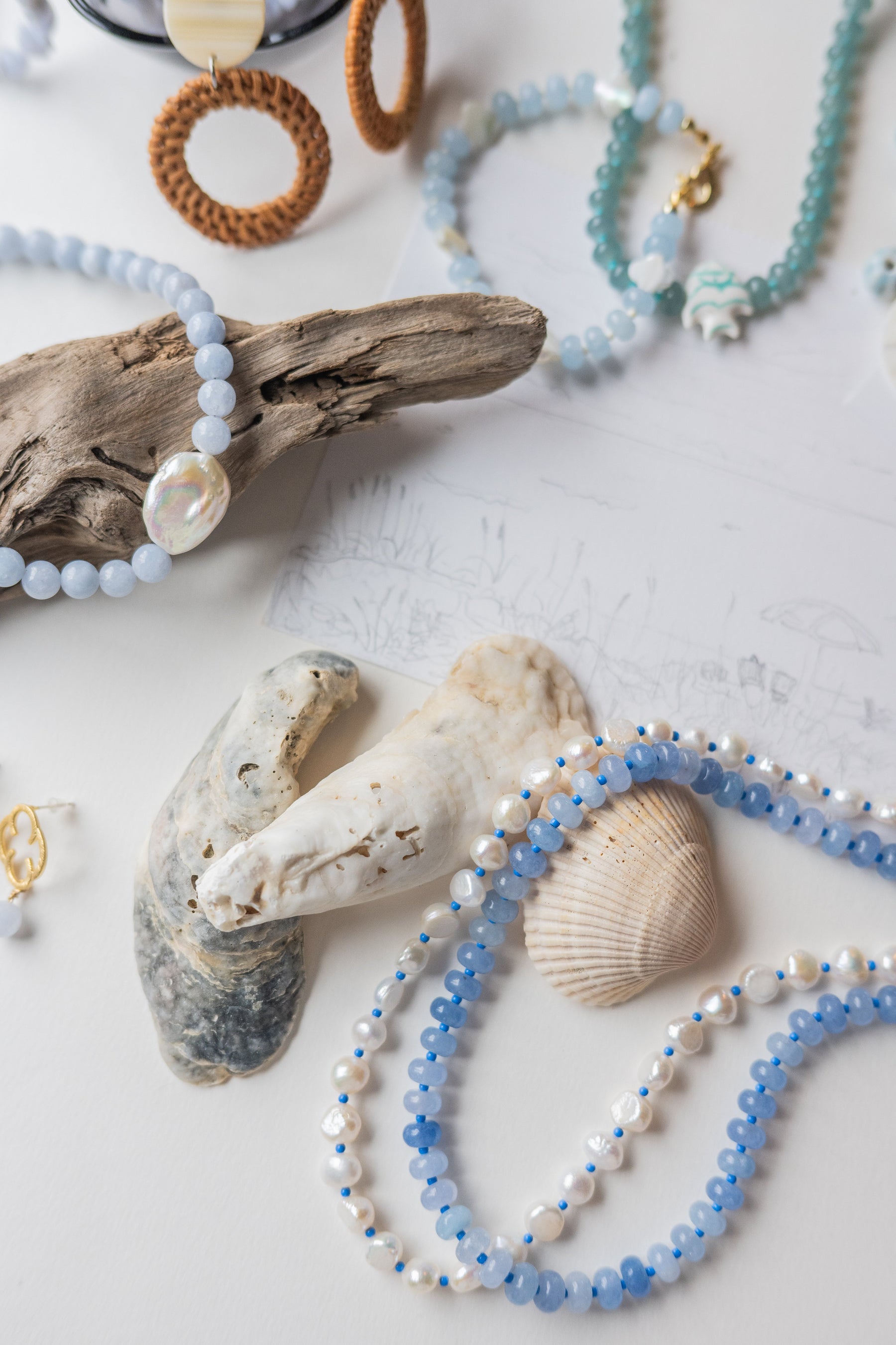 The Bree Pearl and Blue Seed Bead Necklace detail view by London Crafted