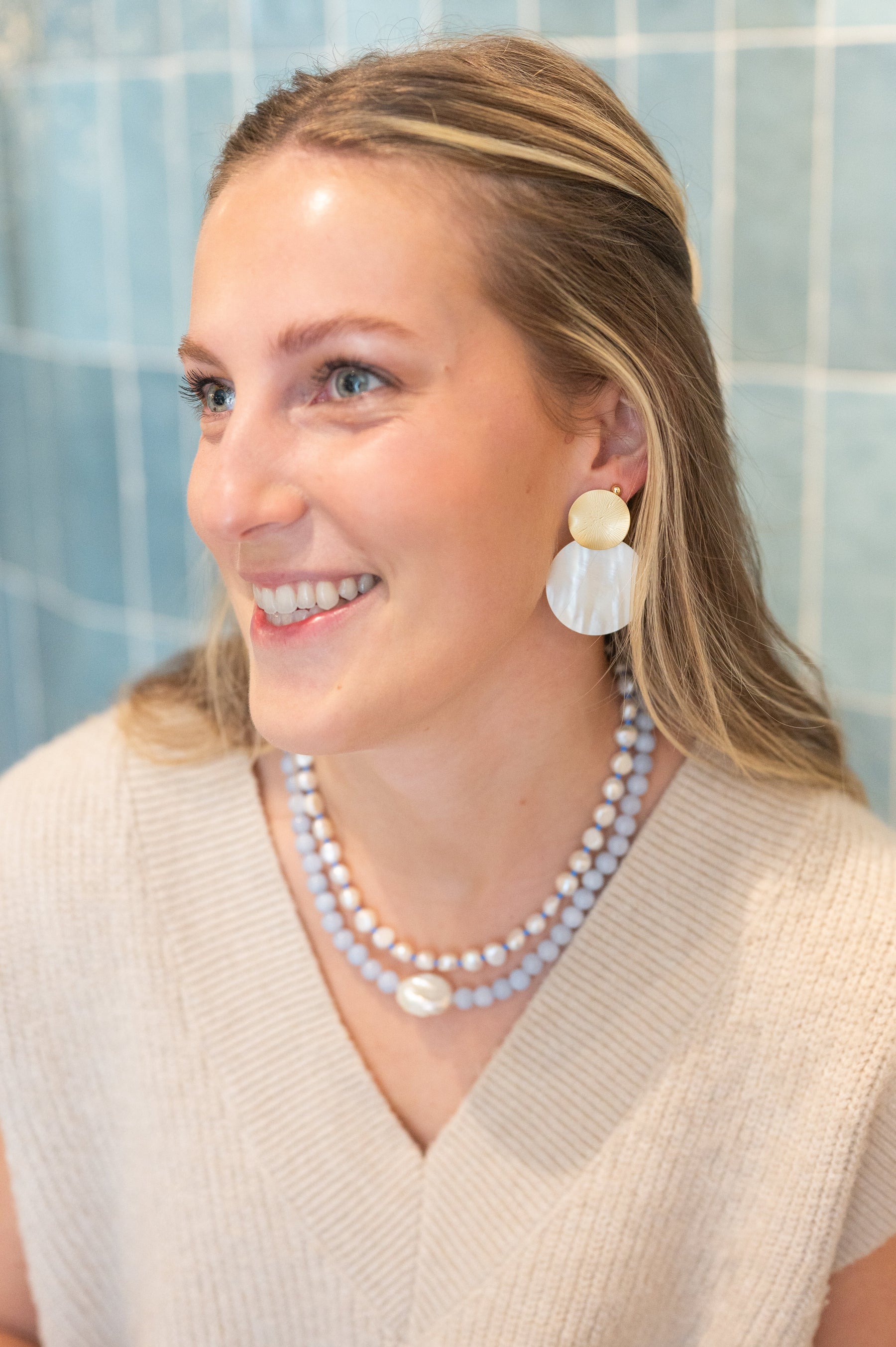 The Bree Pearl and Blue Seed Bead Necklace detail view by London Crafted