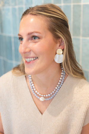 The Bree Pearl and Blue Seed Bead Necklace detail view by London Crafted