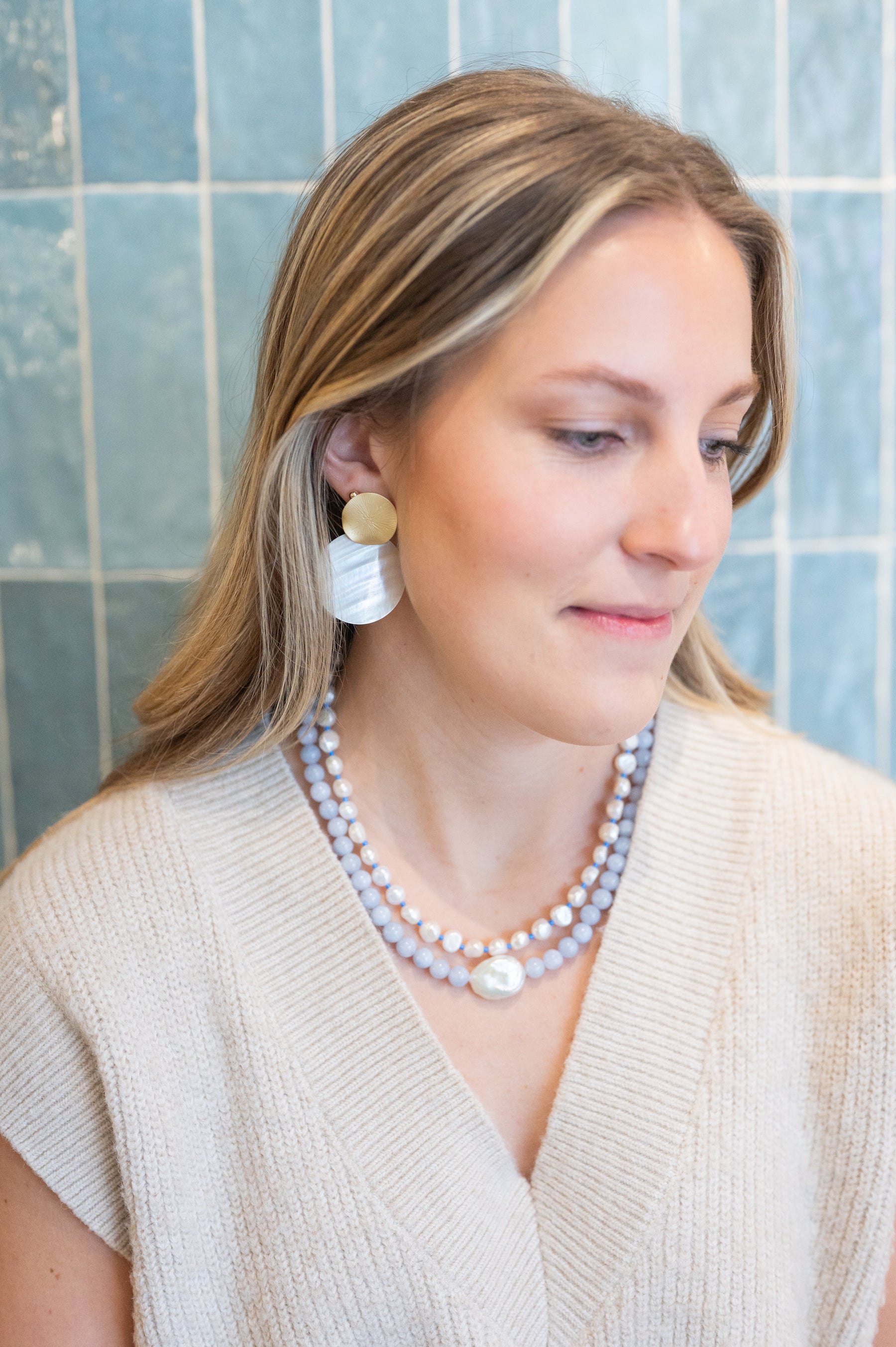 The Ophelia Blue Mother of Pearl Beaded Necklace detail view by London Crafted