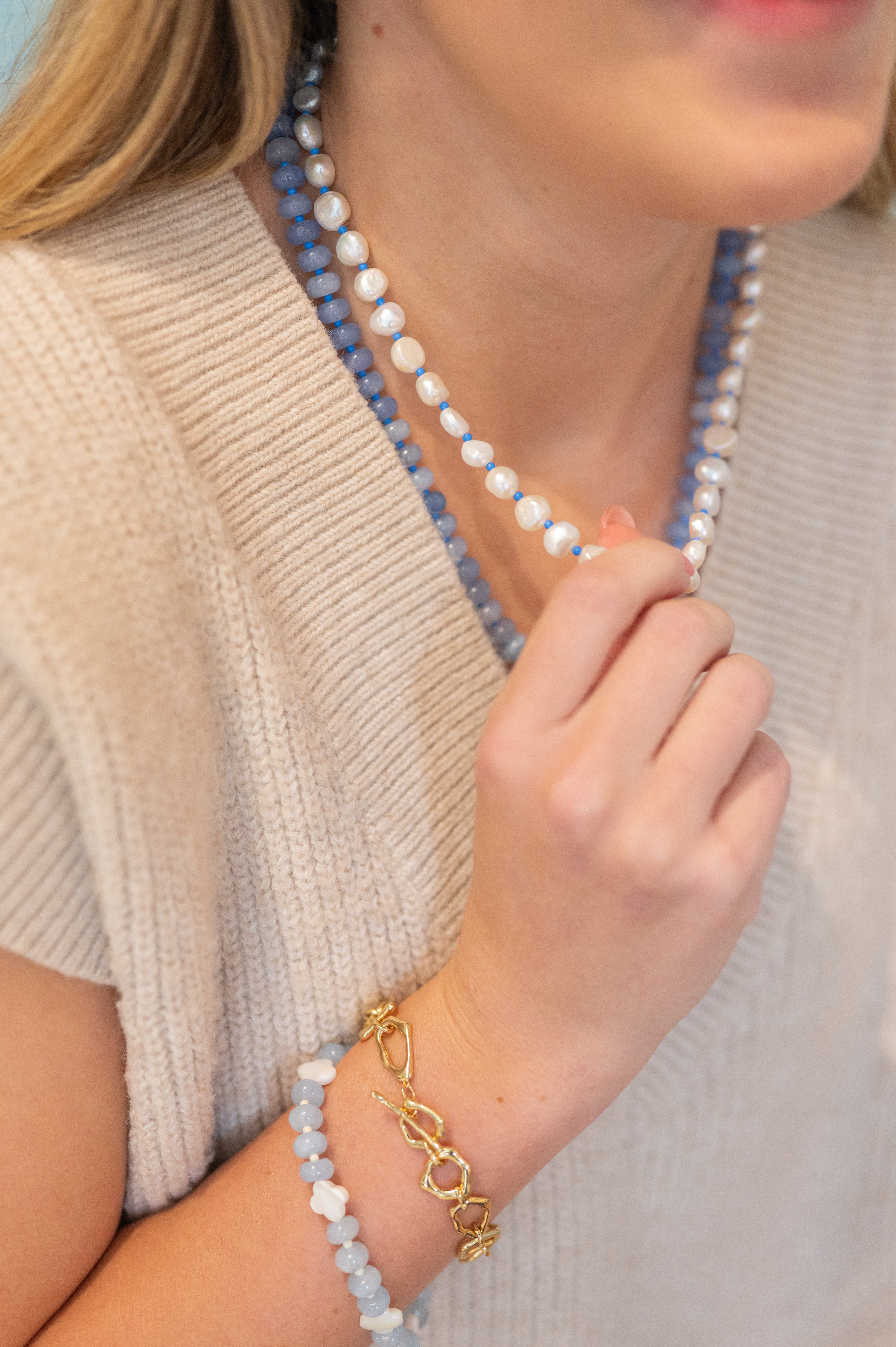 The Bree Pearl and Blue Seed Bead Necklace detail view by London Crafted
