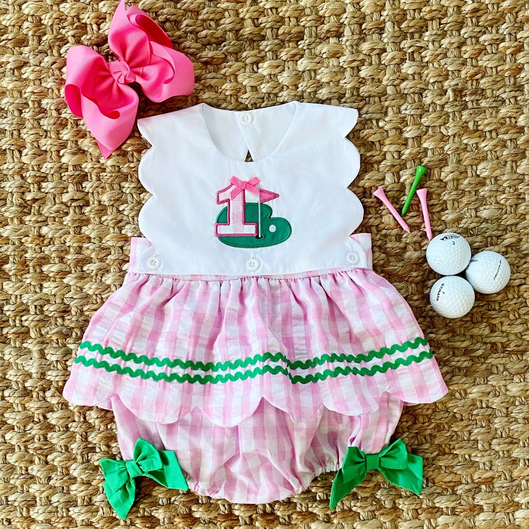 First Birthday Golf Bubble for Girls – Reversible Pink Gingham Skirted Bubble Outfit by Seven Lantern Lane, children's boutique clothing main product photo